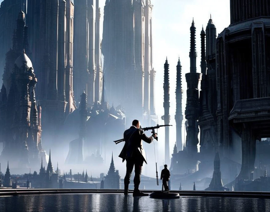 Futuristic cityscape with figure holding bow