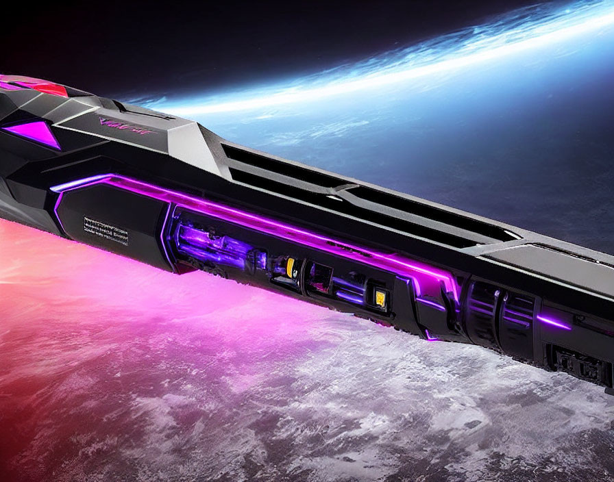 Futuristic spaceship with neon purple accents above planet.