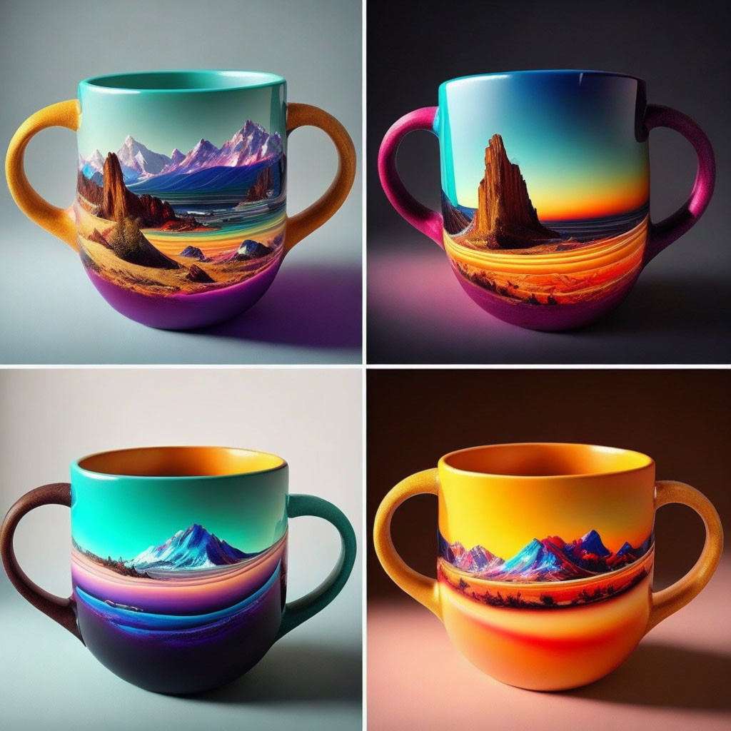 Four Colorful Landscape Design Mugs on Gradient Background