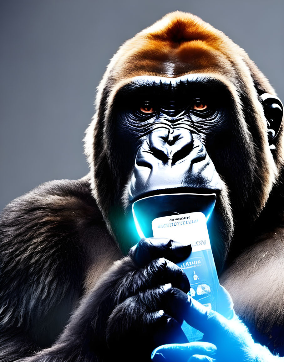 Gorilla holding smartphone in dark background