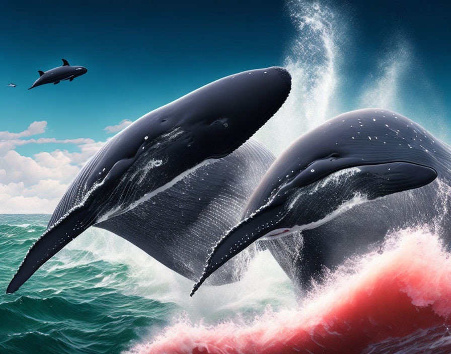 Whales breaching in turquoise sea under cloudy sky