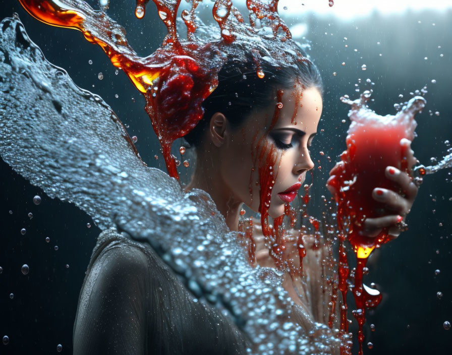 Dark-haired woman with red lipstick surrounded by splashing liquids