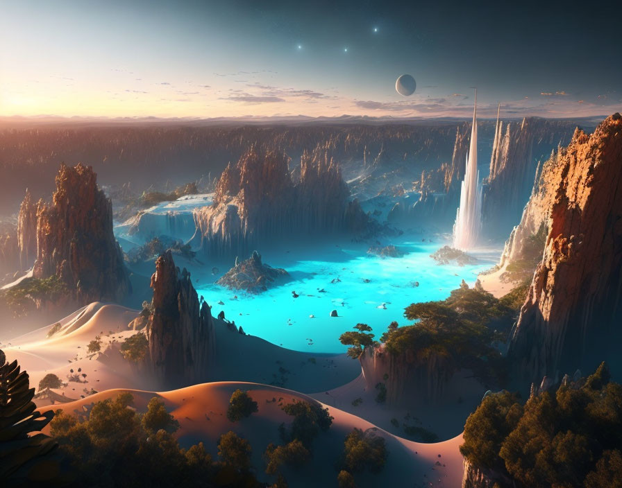 Alien landscape at dusk: turquoise lake, waterfalls, cliffs, celestial view