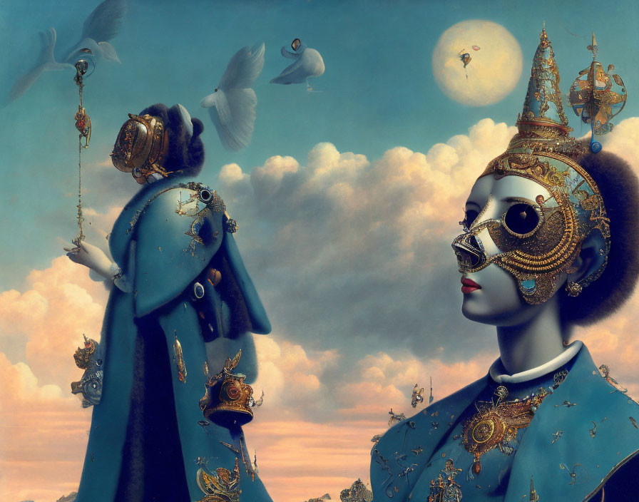 Ornately Dressed Figures in Surreal Fantasy Scene