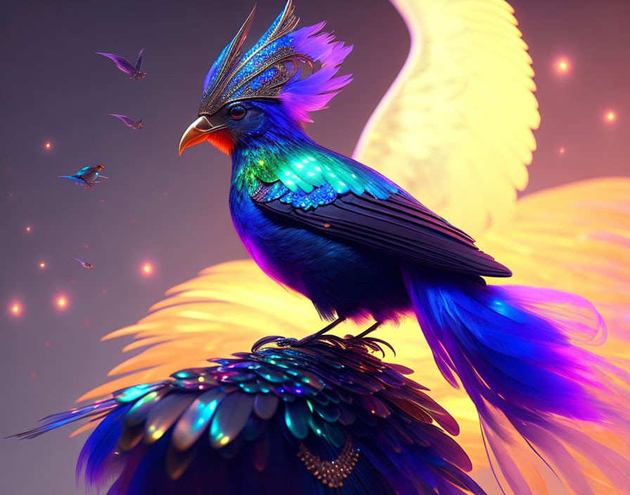 Colorful Fantastical Bird with Radiant Crest and Iridescent Feathers on Warm Background