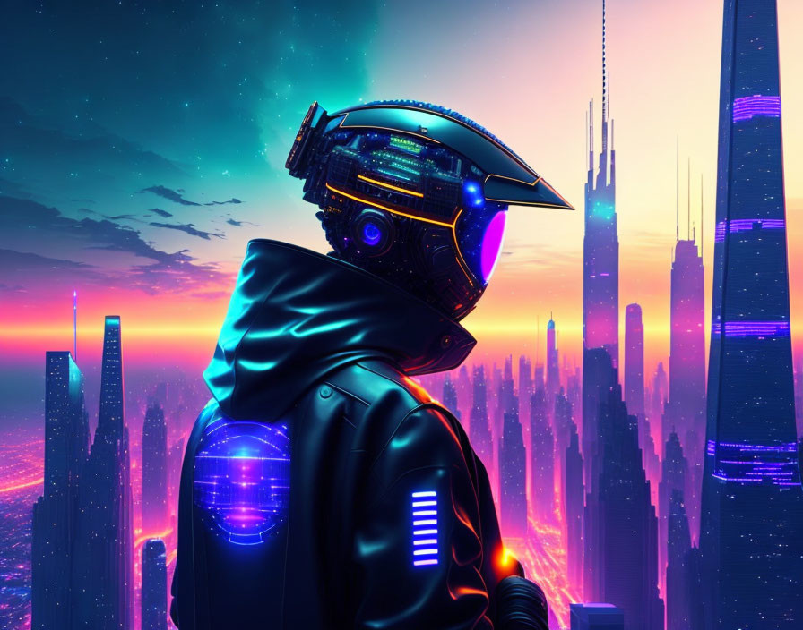 Futuristic figure in glowing suit gazes over neon-lit cityscape