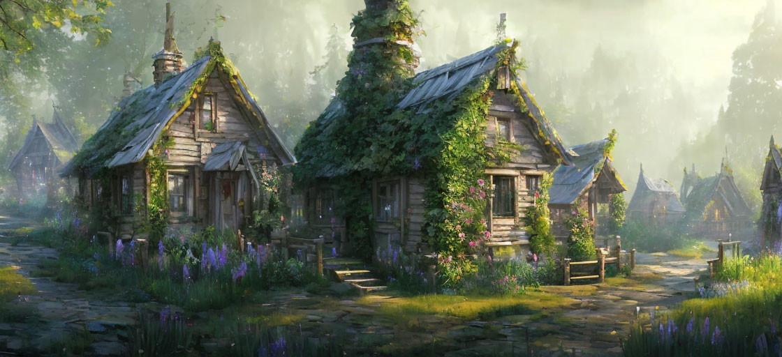 Sunlit forest clearing with rustic wooden cottages and ivy-covered flowers