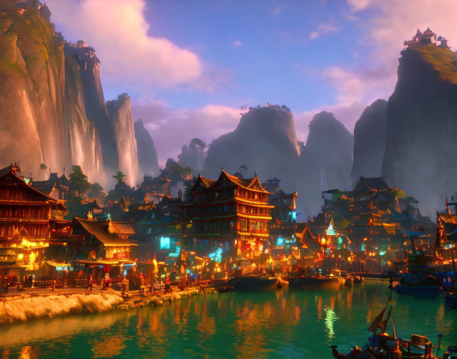 Fantasy village with traditional buildings near river at sunset