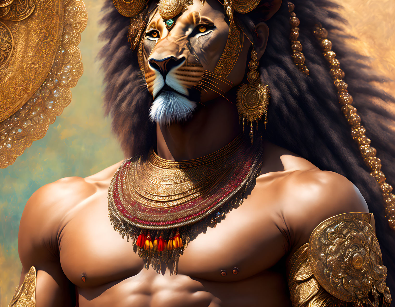 Golden-armored lion with human body in ornate setting