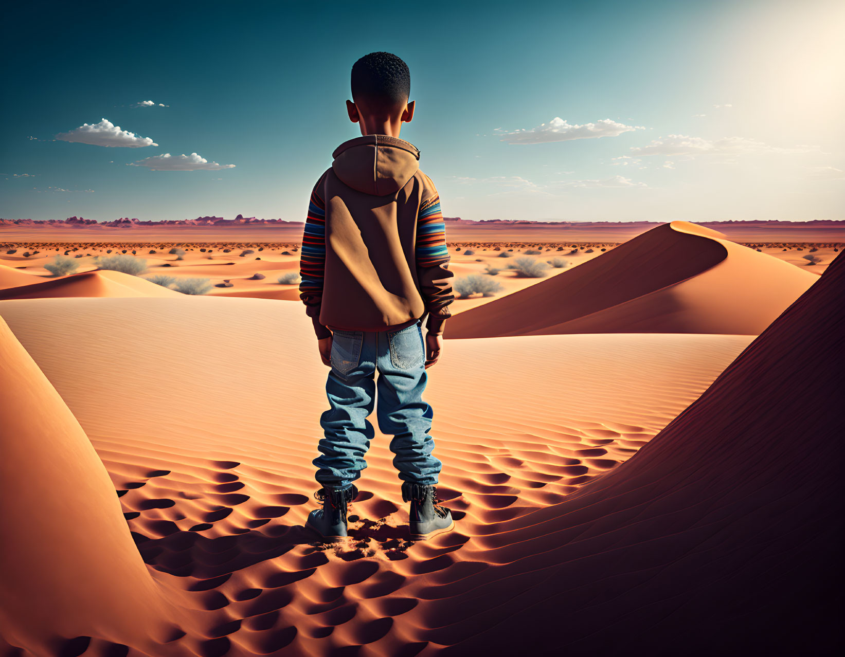 Young boy standing on sand dune overlooking vast desert landscape