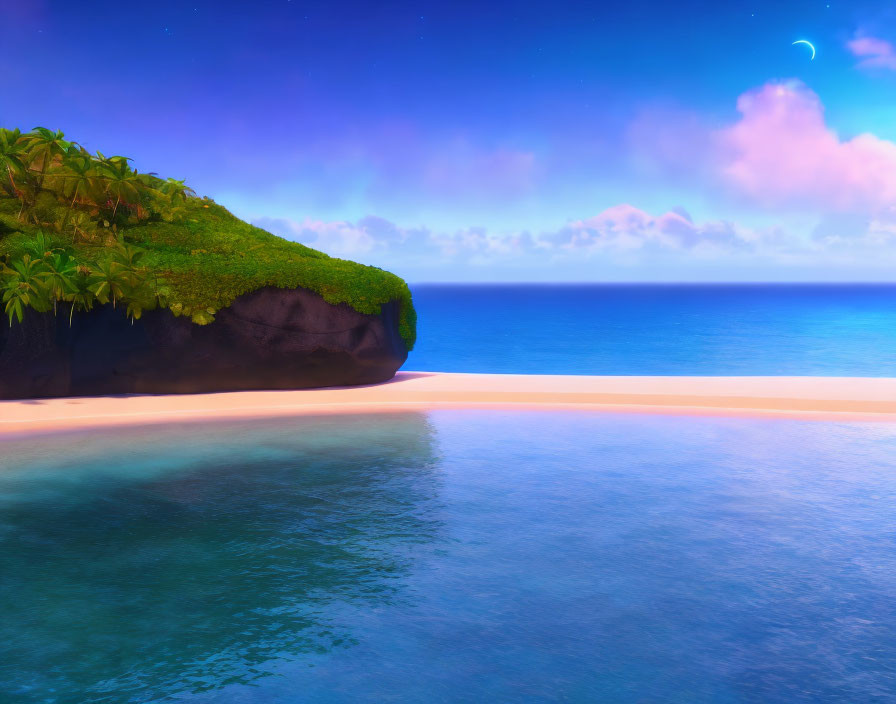 Twilight tropical beach with lush greenery, starry sky, crescent moon, calm waters