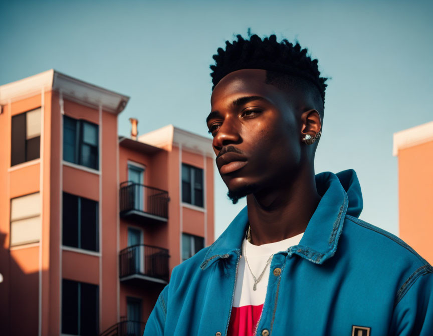 Young man with high-top fade in blue jacket, earring, standing by pink building at dusk