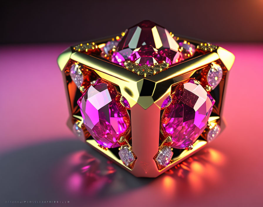 Decorative 3D-rendered cube with gold and gemstones on gradient background