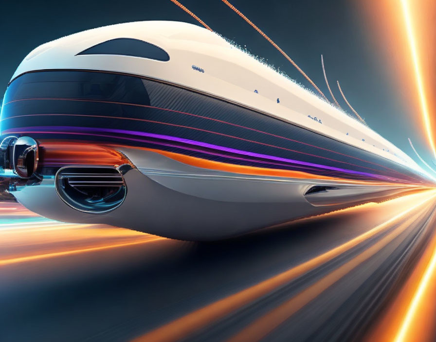 Sleek high-speed train with vibrant light trails in motion