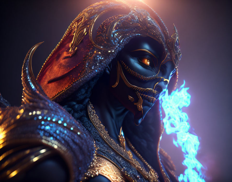 Enigmatic figure in ornate armor breathing blue flames