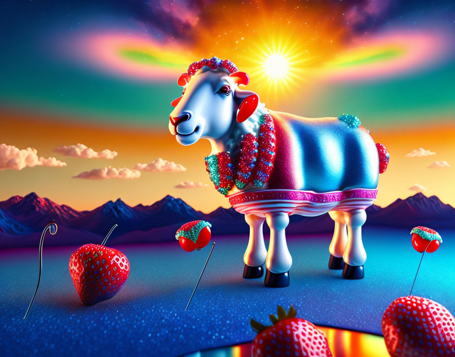 Surreal image: decorated sheep, oversized strawberries, vibrant sky, mountains