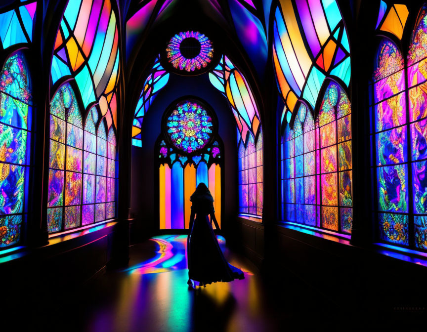 Silhouette of person in cloak in vibrant church with multicolored light