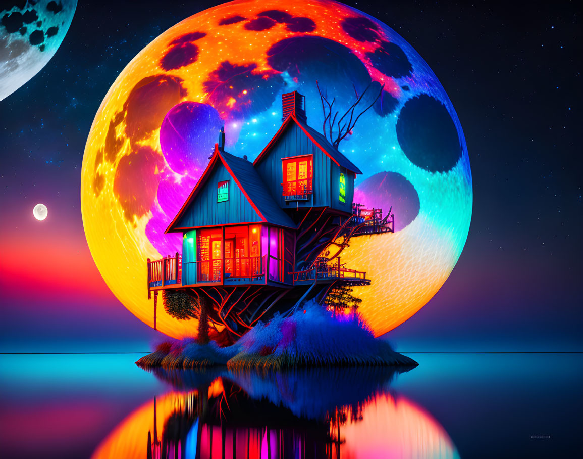 Colorful digital artwork: Whimsical house on island with massive moon