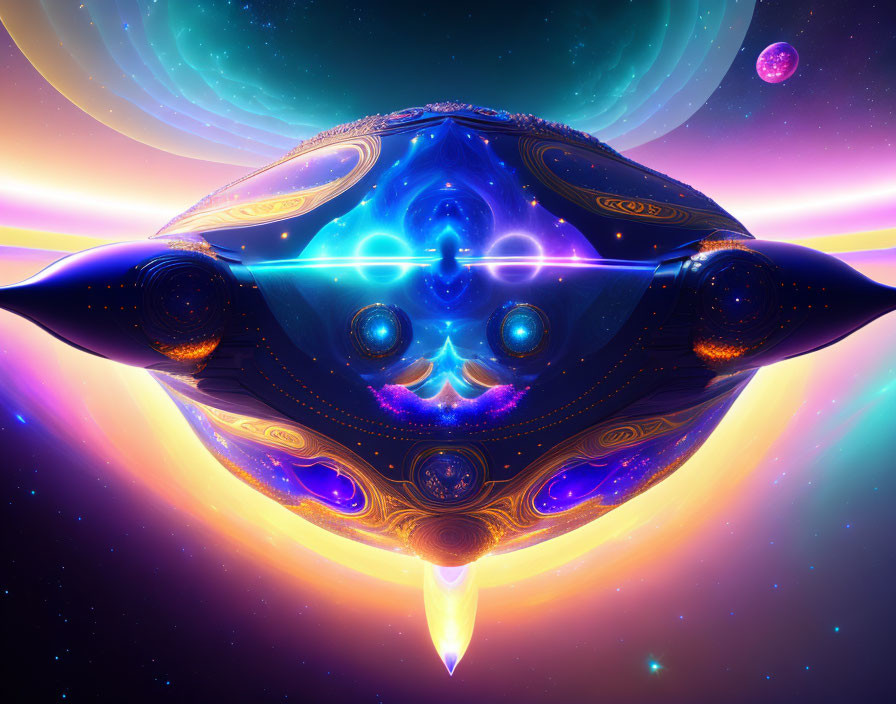 Colorful surreal spacecraft with ornate designs in cosmic scene