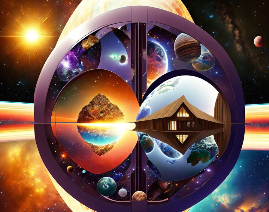 Surreal cosmic collage with planets, sun, house, and portal