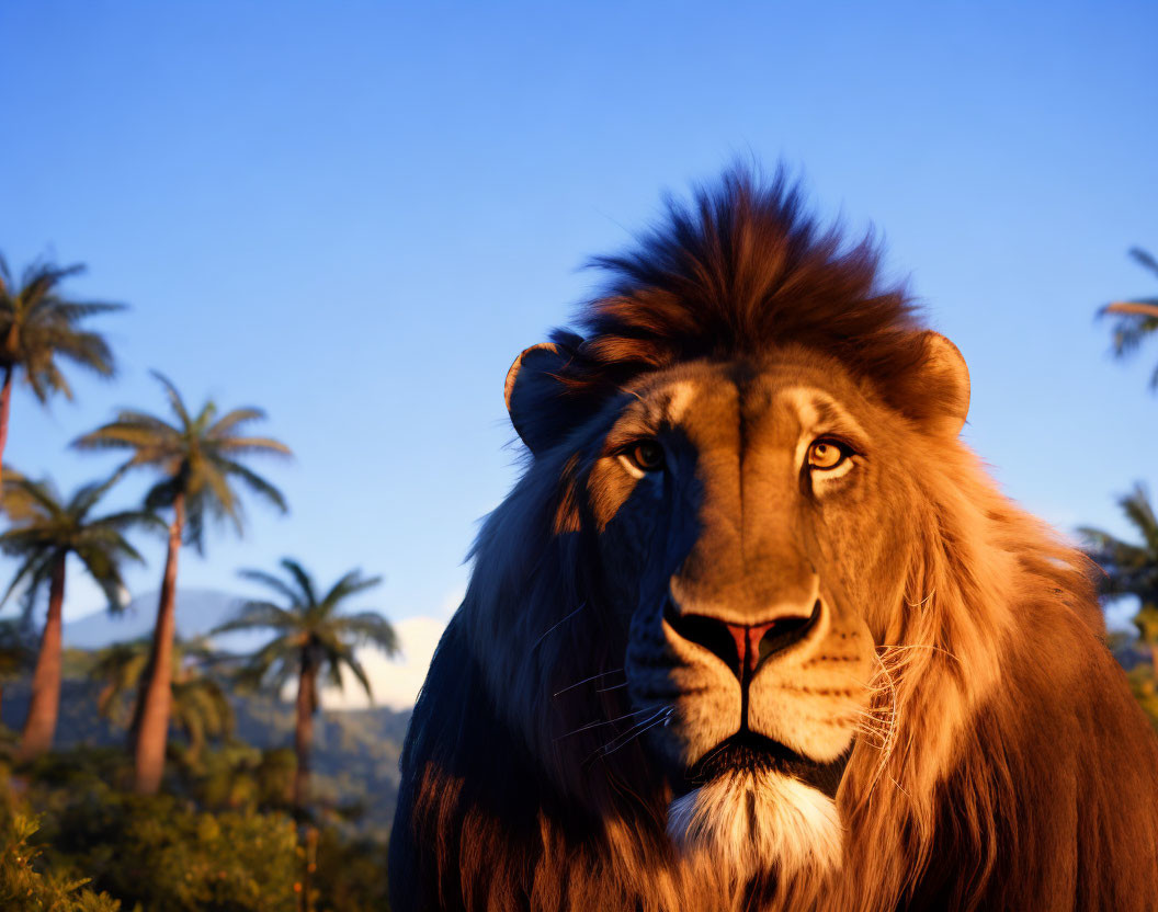 Majestic lion with thick mane in palm tree and blue sky setting