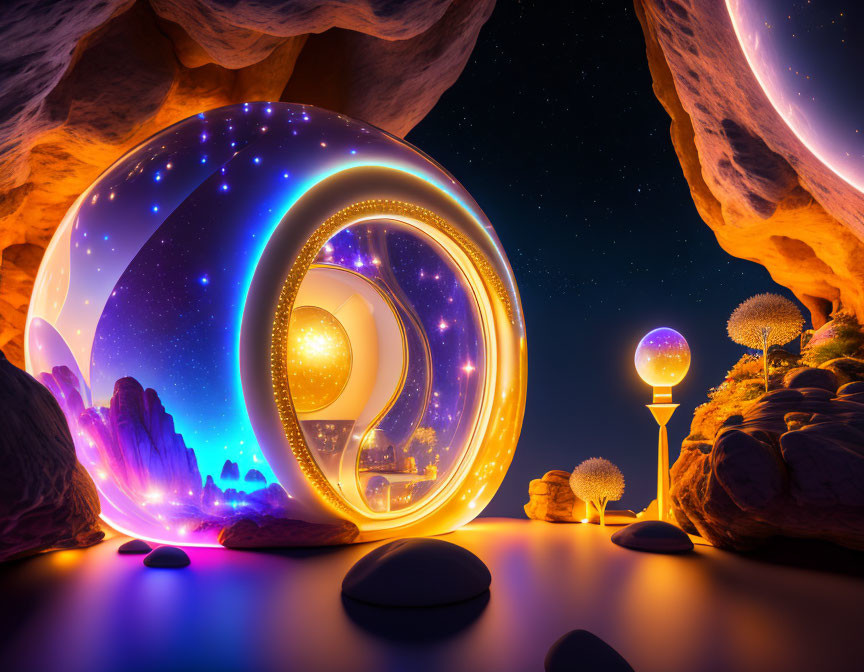 Surreal cosmic scene with glowing spiraled structure in alien landscape