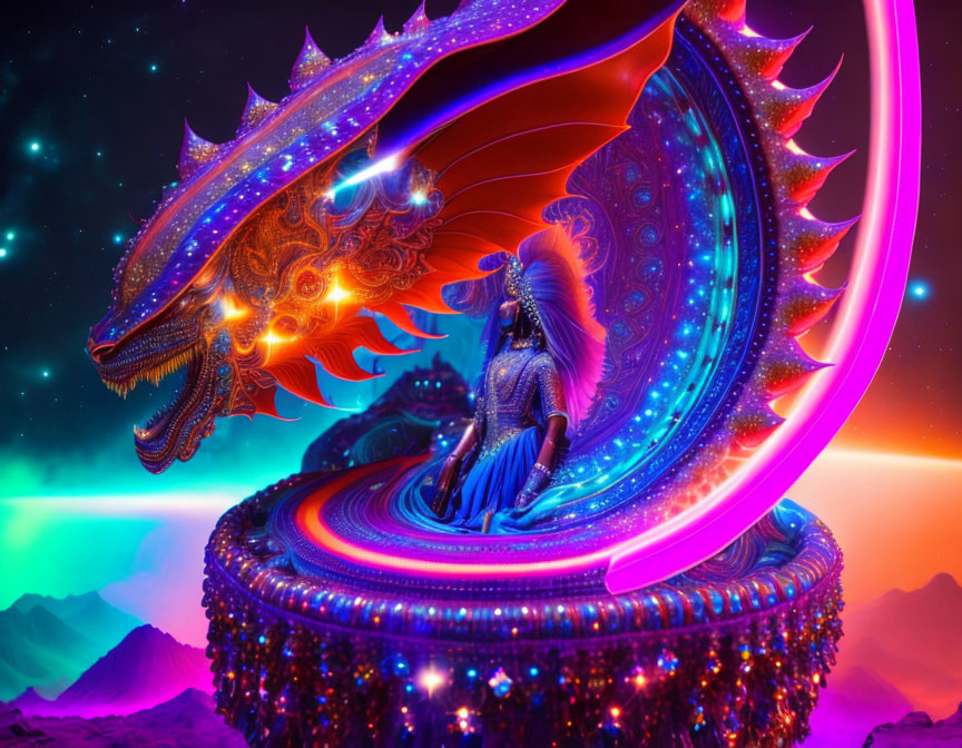 Person sitting in colorful swirling structure with ornate dragon under starry sky