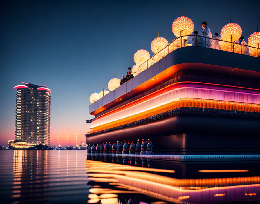 Futuristic waterfront terrace with glowing orbs and neon lights