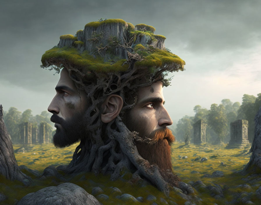 Surreal image: Male profiles merge with tree elements in forest scenery