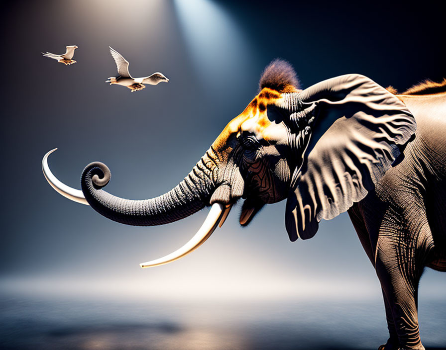 Intricate Skin Patterns on Elephant Trunk with Flying Seagulls in Dramatic Sky