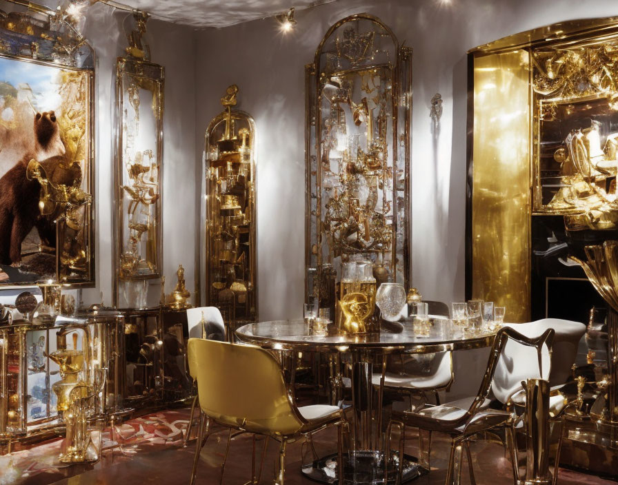 Luxurious Room with Gold Accents, Round Table, Chairs, Golden Cabinets, Bear Painting