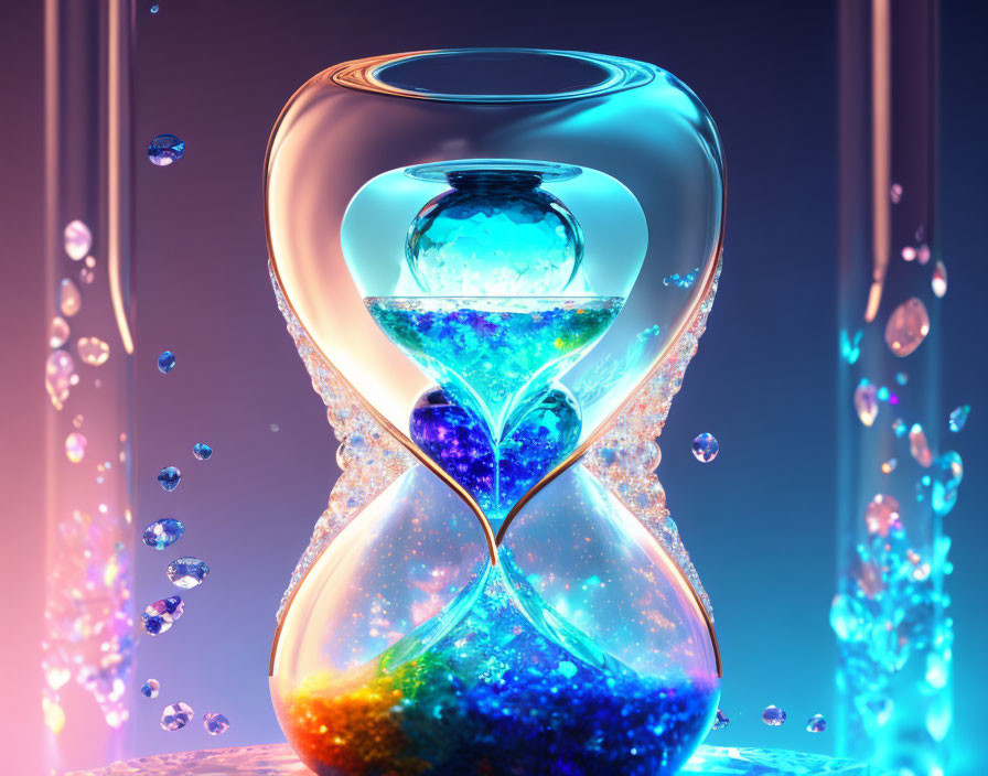 Abstract Glowing Hourglass with Sparkling Sand and Water Drops