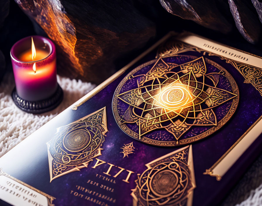 Open book with golden designs next to lit candle on purple page