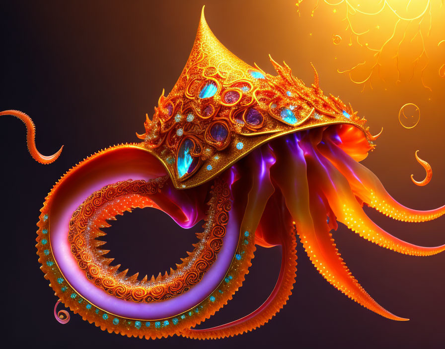 Colorful digital artwork: ornate jewel-encrusted squid on fractal background