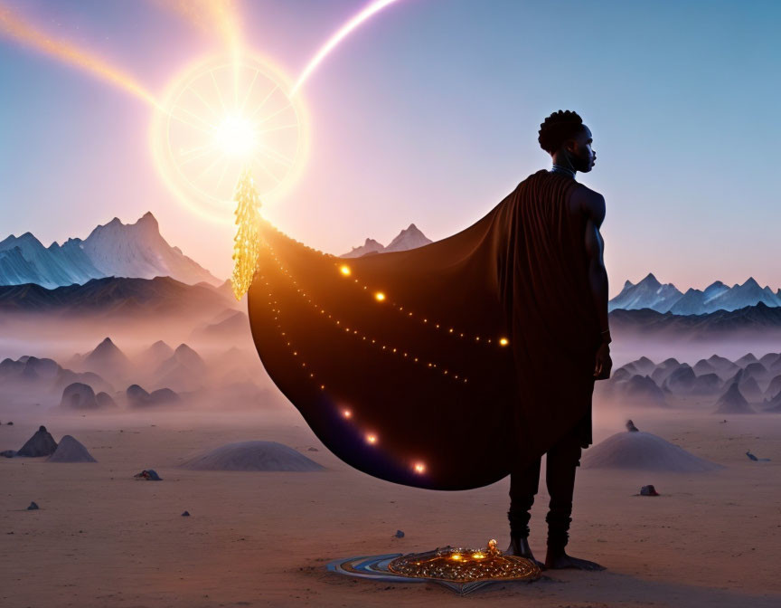 Person in majestic cape gazes at brilliant light in desert landscape