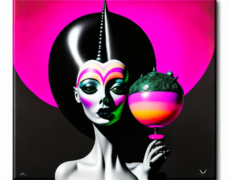 Colorful surrealist artwork: Female figure with stylized makeup and headdress holding orb on chalice