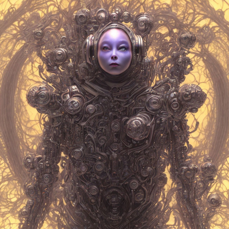 Digital artwork featuring humanoid figure with intricate metal bodywork and circular patterns.