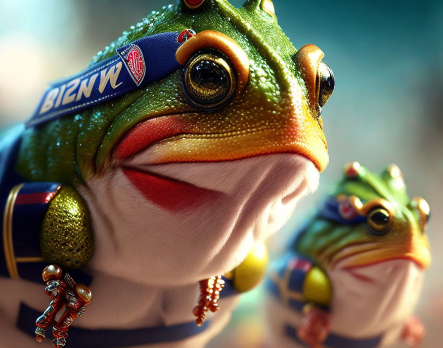 Stylized frogs in blue sports uniforms with vivid textures