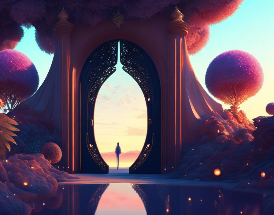 Person standing before ornate open door to dreamlike purple landscape at twilight