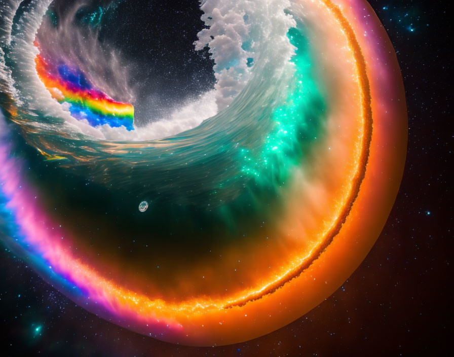 Surreal cosmic digital artwork: rainbow anomaly around fiery planet