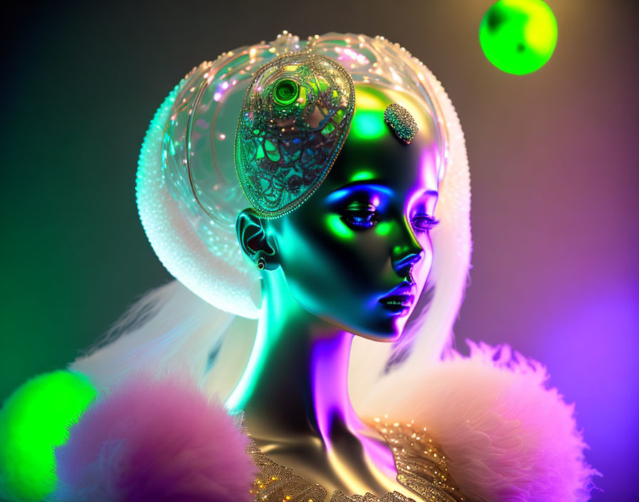 Surreal portrait of woman with glowing neon colors and futuristic makeup