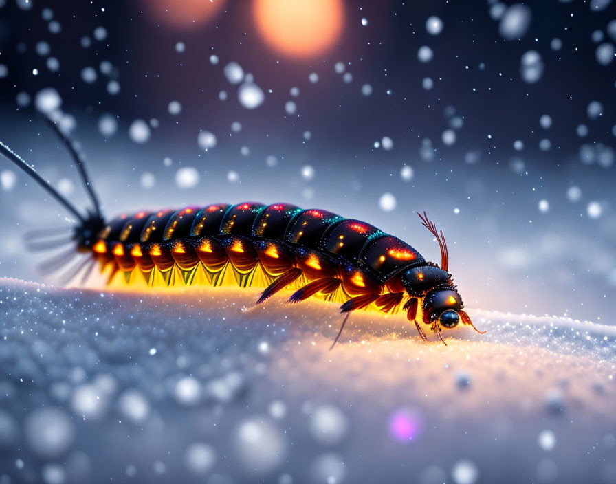 Colorful Millipede Crawling on Frosty Surface Under Snowy Sky