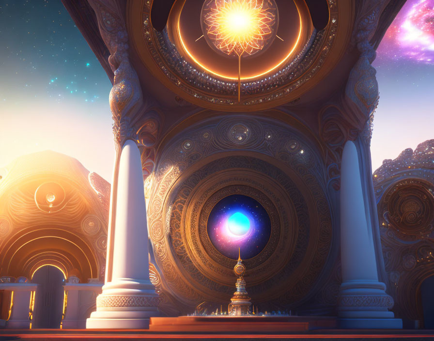 Fantasy observatory with glowing orbs and golden patterns at dusk