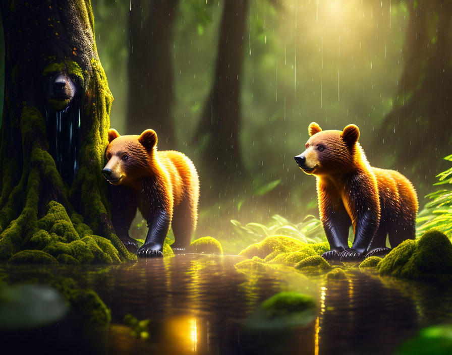 Bears in lush forest with light and rain