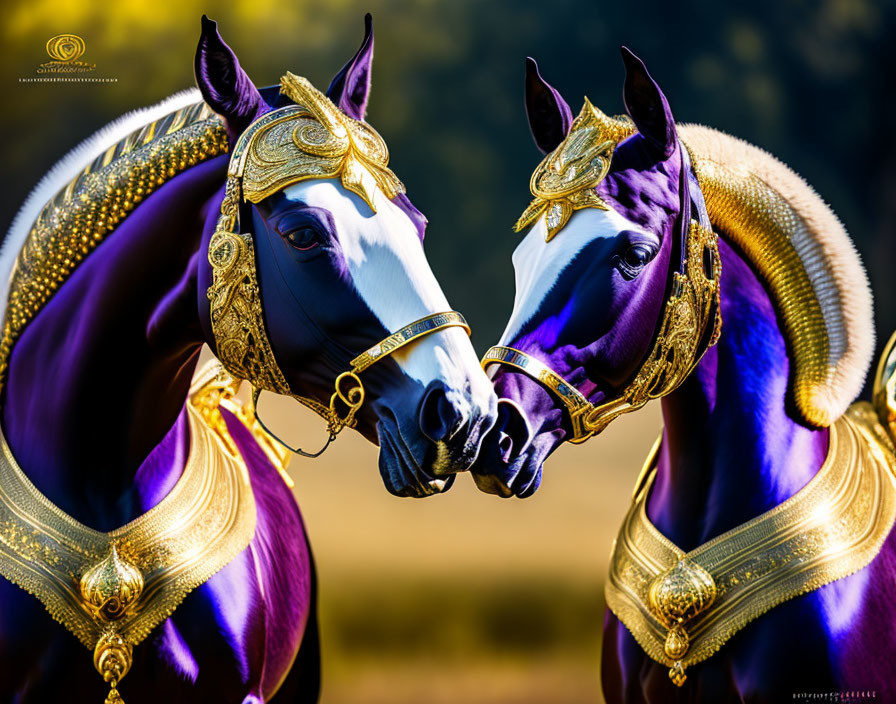 Ornately Adorned Purple and White Horses Facing Each Other