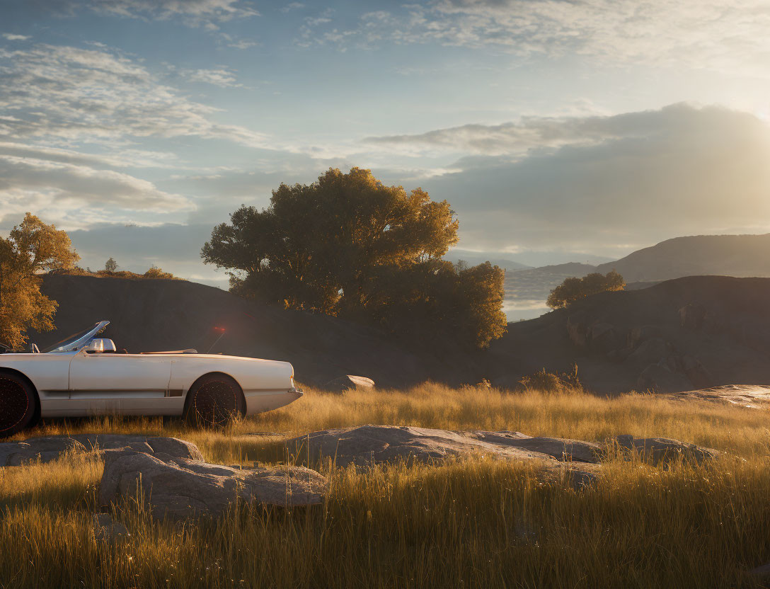 Vintage Convertible Car in Grassy Field at Sunrise