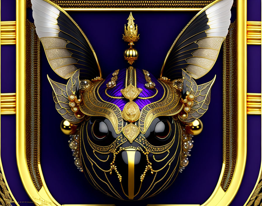 Regal Anubis mask digital illustration with gold adornments on purple background