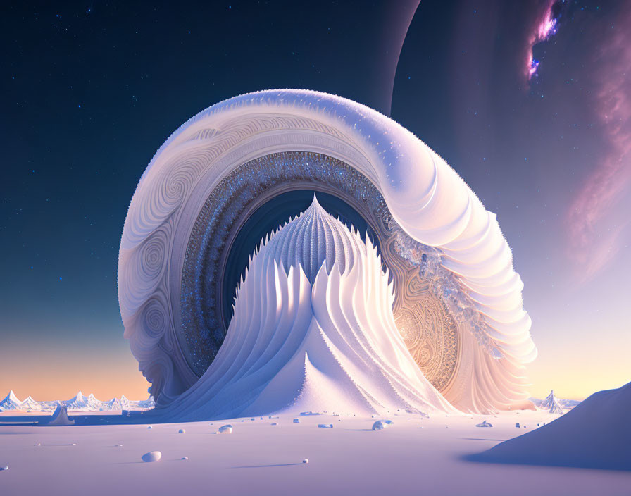 Surrealistic landscape with spiraling fractal structure in snowy twilight.