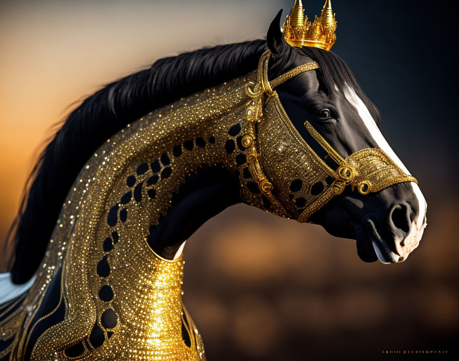 Ornate golden mask and headdress on horse at sunset