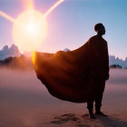 Person in majestic cape gazes at brilliant light in desert landscape